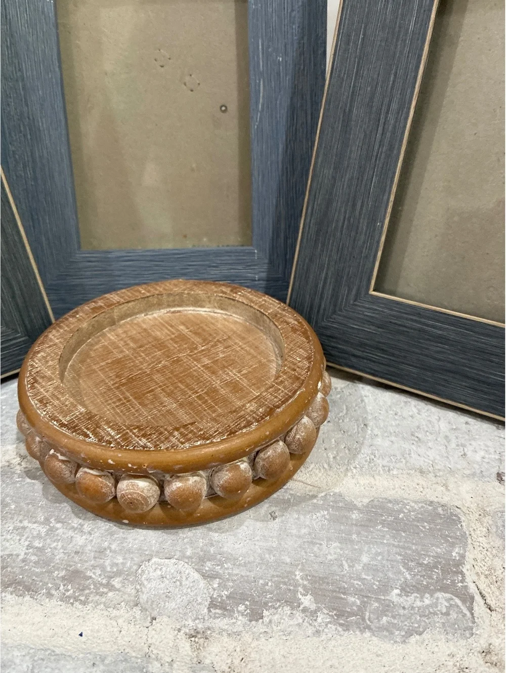 Set of 3 Blue Wood Picture Frames with Decorative Wooden Stand